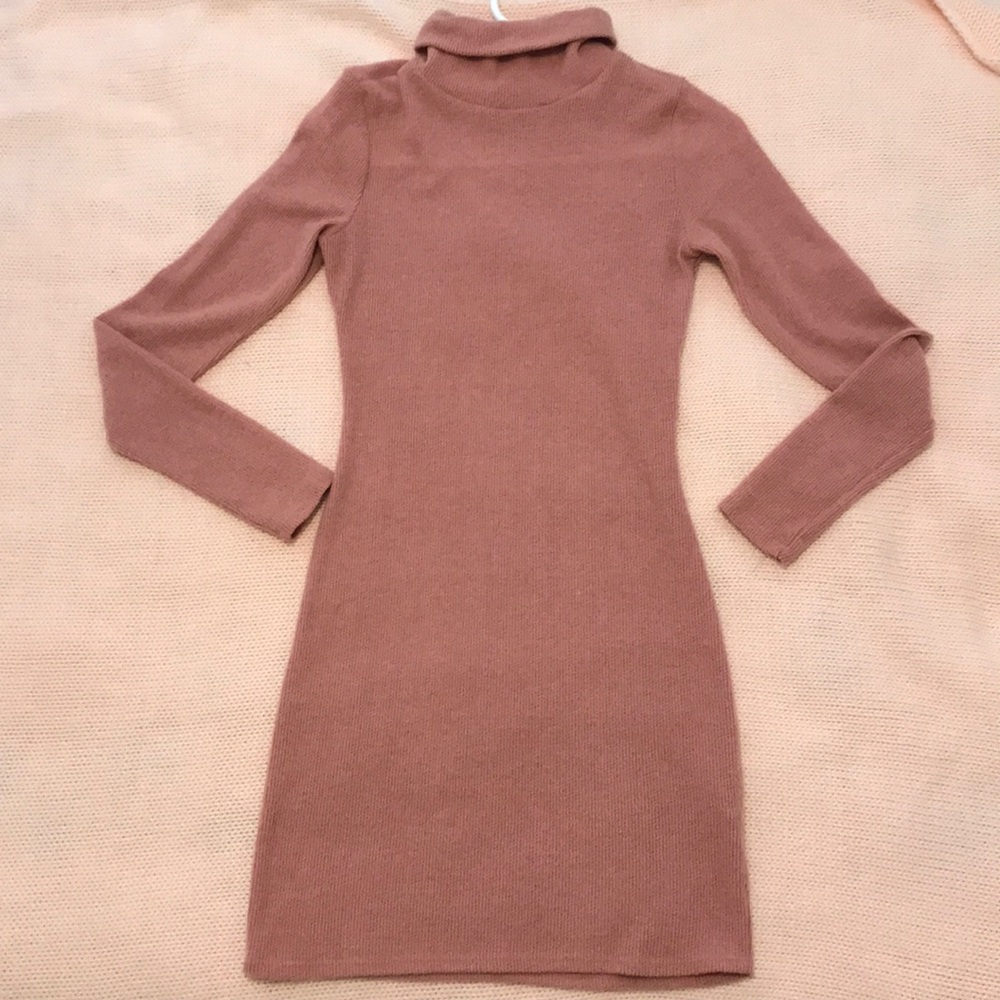 soft pink turtle neck body con dress